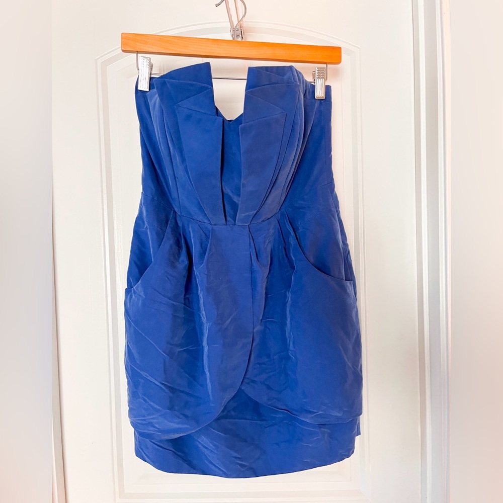 Guess Mini Dress Womens 8 Cobalt Blue Strapless Bodycon Peplum Coquette